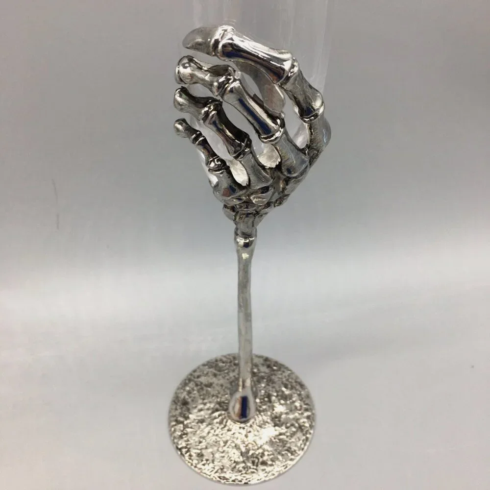 x2 Halloween Skeleton Hand Champagne Flute Glass Set Silver Metal Stem Elegant